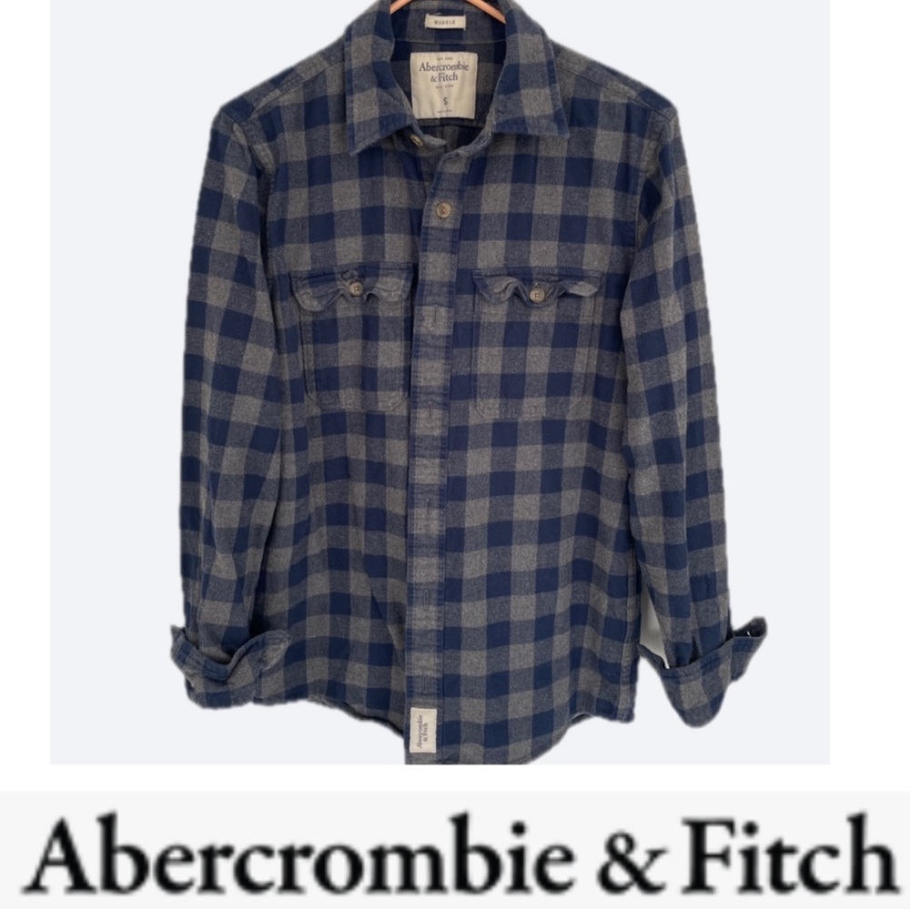 Abercrombie & Fitch Mens Navy Gray Checkered Muscle Flannel Shirt Small
